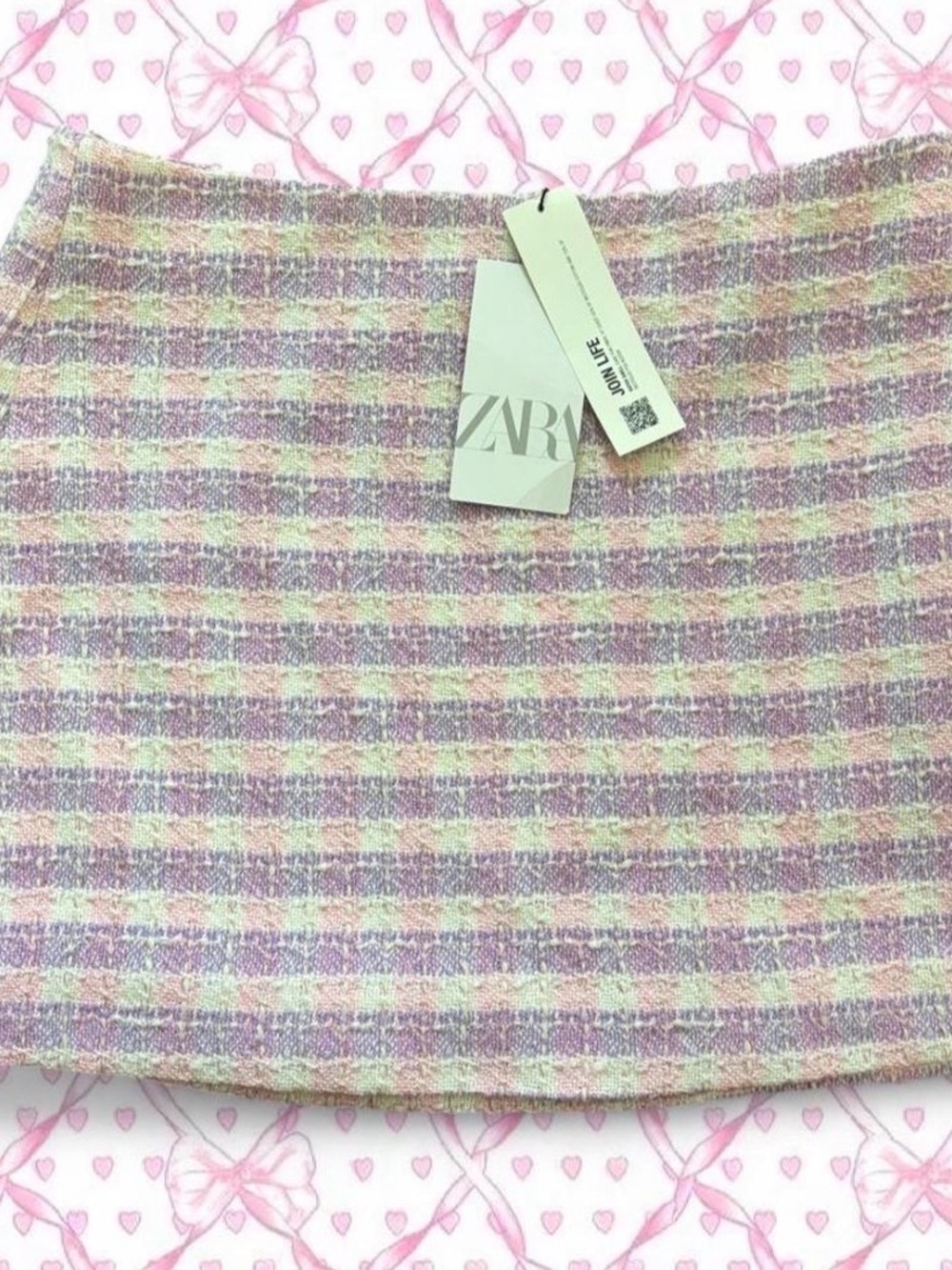 ZARA Pastel Plaid Tweed Mini Skirt - Pink, Cream & Lavender